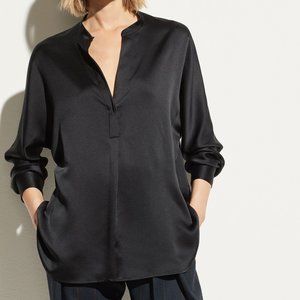 VINCE Black Satin Band Collar Blouse